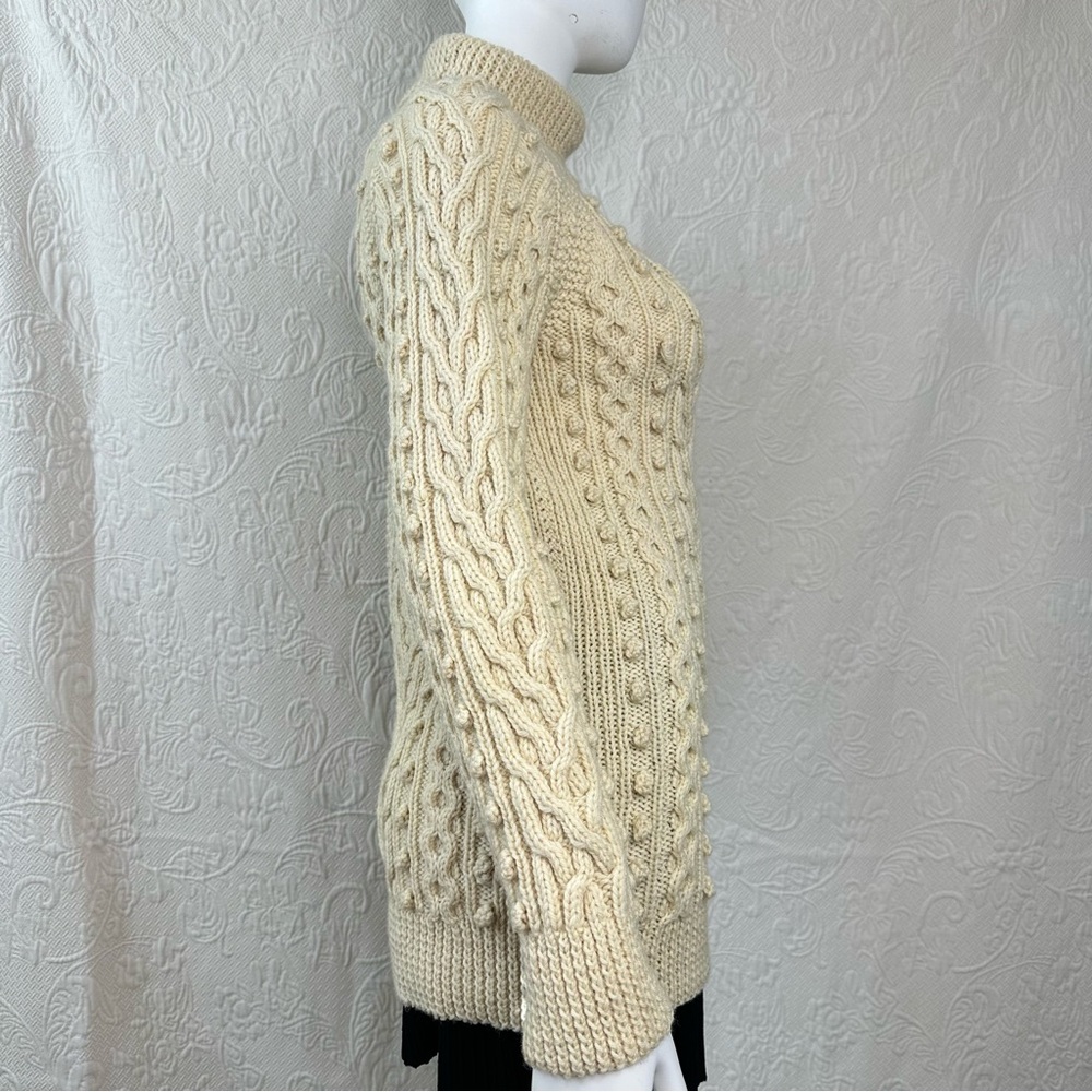 Vintage Hand Knit Wool Extra Long Aran Fisherman Knit Turtleneck Cable Sweater - Picture 7 of 12